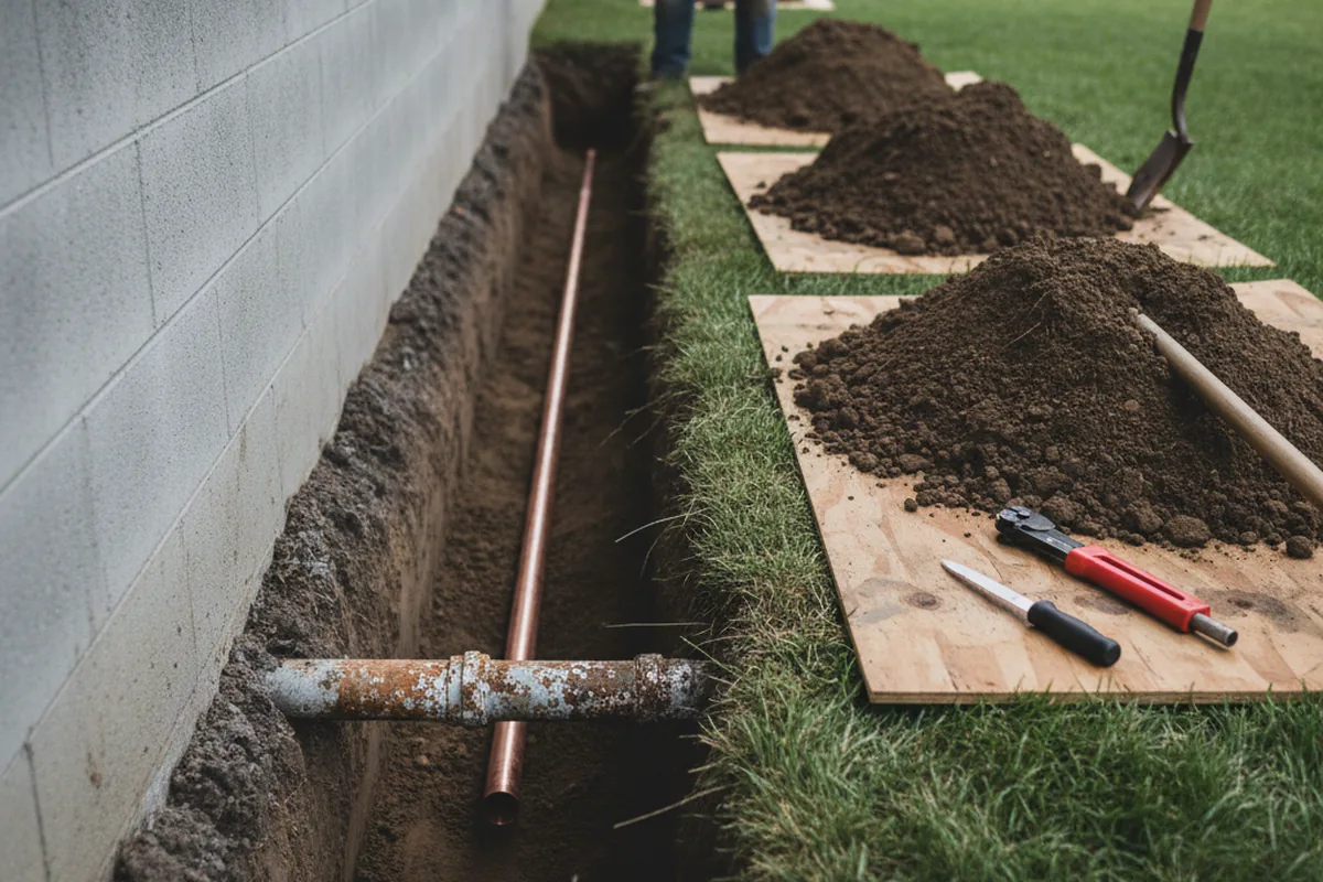 Excavated water line trench during Sewer Line Repair in Gibson Island